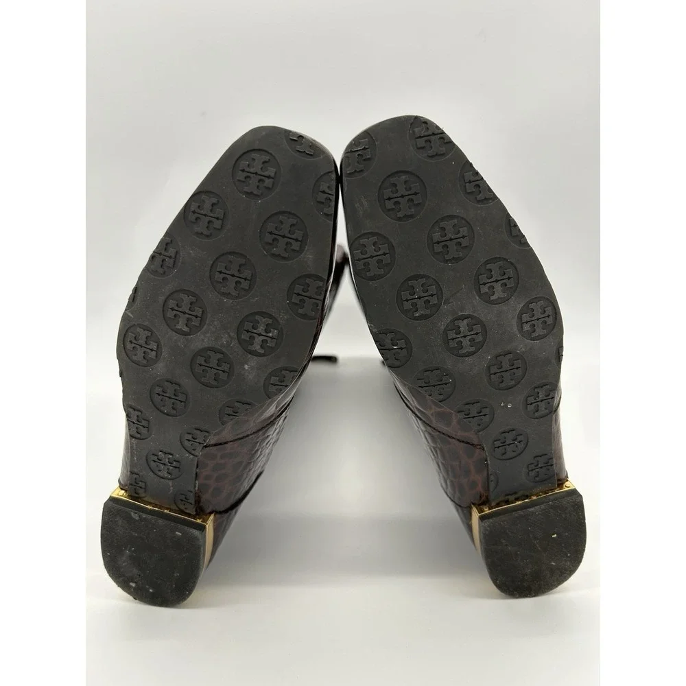 Tory Burch Brown Crocodile embossed leather riding boot Gold Heel & Logo Size‎ 7